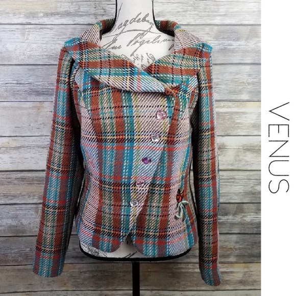 VENUS Jackets & Blazers - VENUS Wool Blend Embroidered Floral Plaid Blazer 8